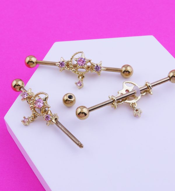Gold PVD Moon and Stars Pink CZ Stainless Steel Industrial Barbell For Cheap - Image 2
