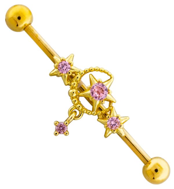Gold PVD Moon and Stars Pink CZ Stainless Steel Industrial Barbell For Cheap