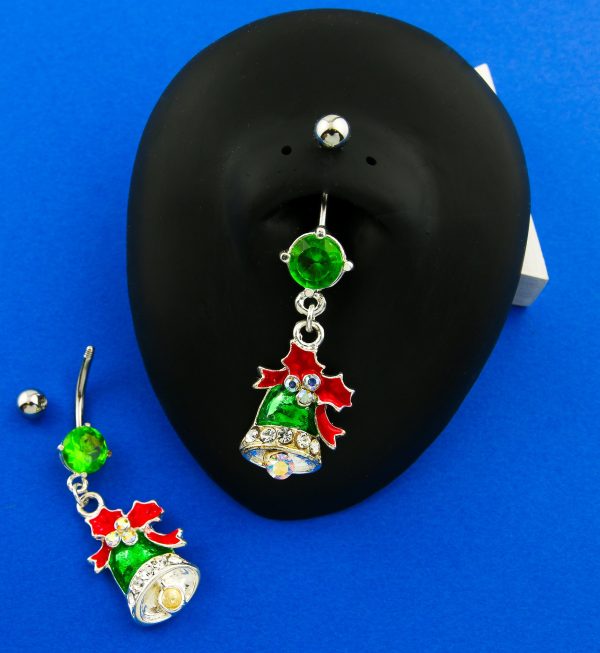 Holiday Bell Dangle Rainbow Aurora CZ Stainless Steel Belly Button Ring For Cheap - Image 2