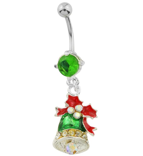 Holiday Bell Dangle Rainbow Aurora CZ Stainless Steel Belly Button Ring For Cheap