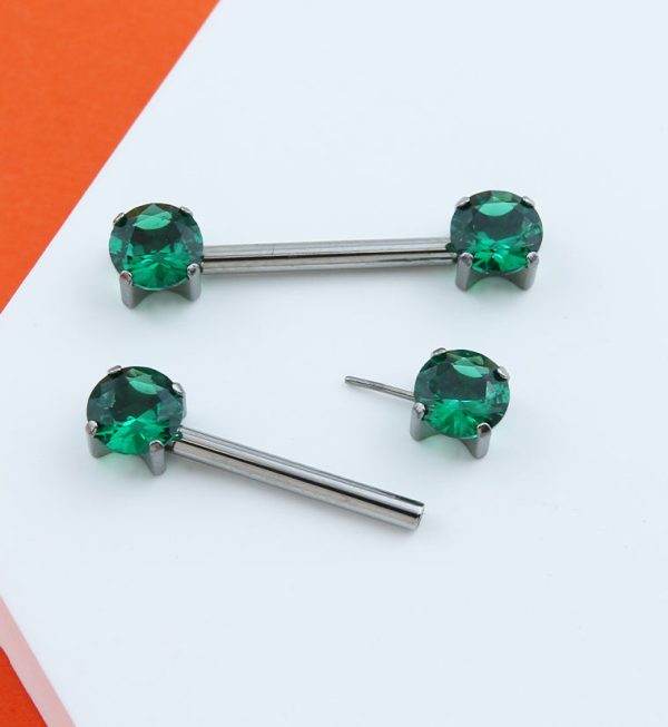 Prong Emerald CZ Threadless Titanium Nipple Barbells Cheap - Image 2