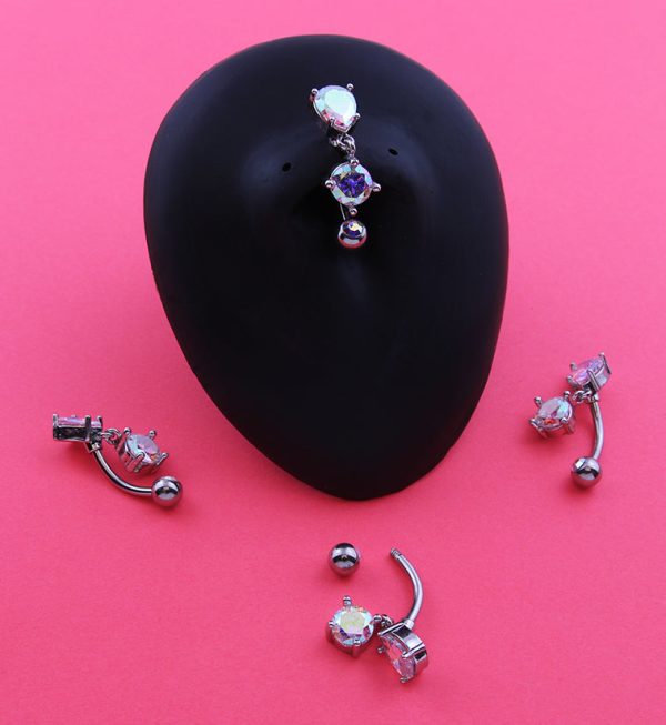 Teardrop Top Rainbow Aurora CZ Dangle Stainless Steel Belly Button Ring Online - Image 2