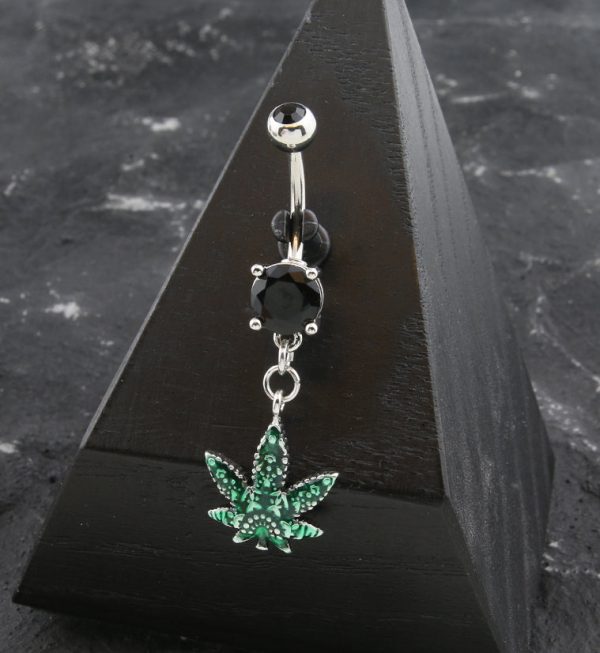 Green Hemp Leaf Black CZ Belly Button Ring Online now - Image 2