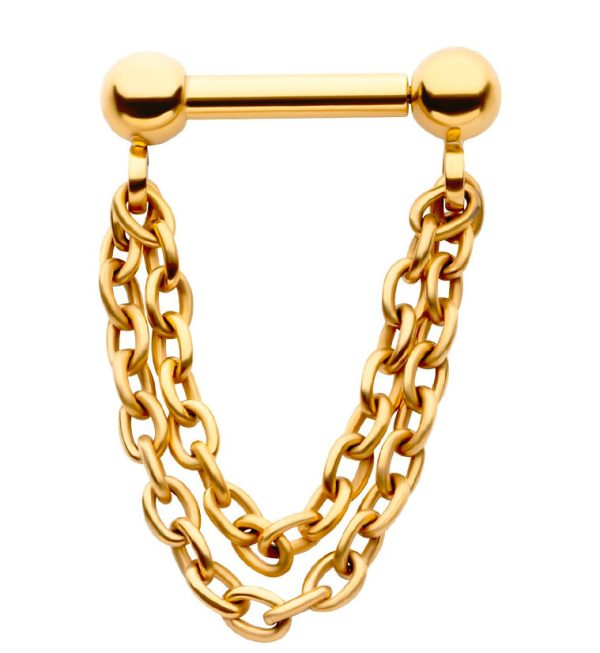 24kt Gold PVD Double Dangle Chain Threadless Titanium Barbells Cheap