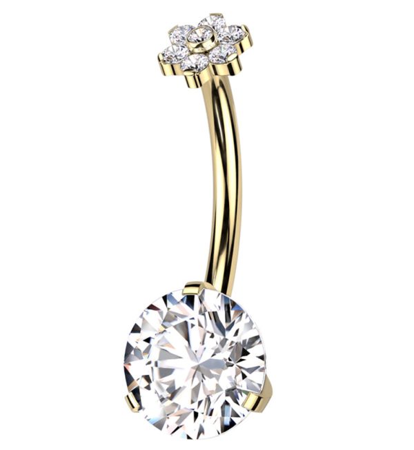 Gold PVD Double CZ Flower Top Titanium Threadless Belly Button Ring Sale
