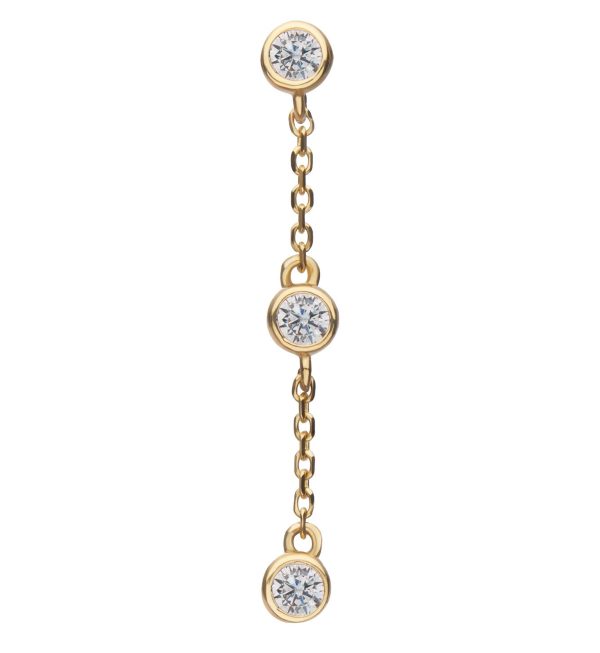 14kt Gold Triple Bezel Clear CZ Dangle Chain Threadless Top Hot on Sale
