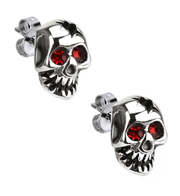 Busted Skull Red CZ Stainless Steel Stud Earrings For Cheap