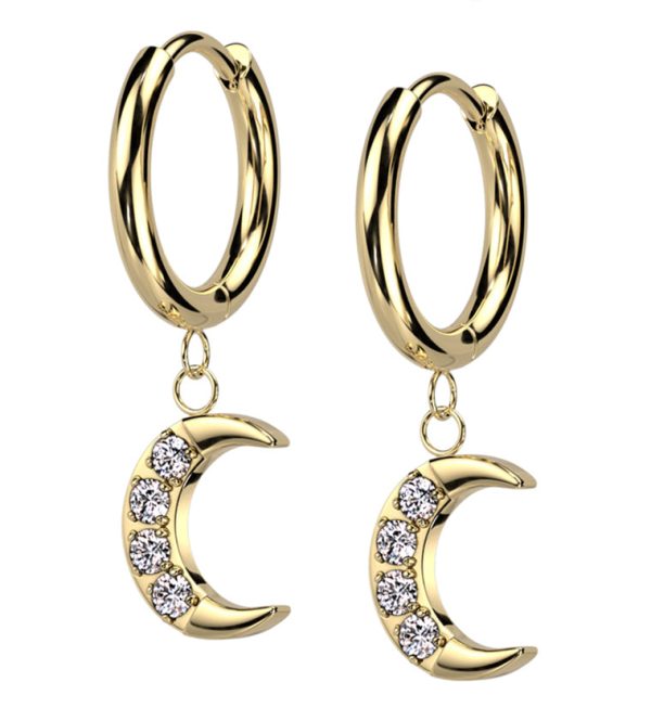 Gold PVD Crescent Moon CZ Dangle Stainless Steel Hinged Hoop Earrings Online Hot Sale
