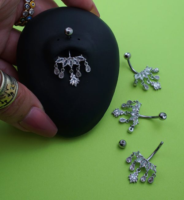 Beaded Chaplet Dangle Clear CZ Cluster Belly Button Ring Discount - Image 2