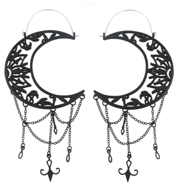 Black PVD Ornate Crescent Moon Dangle Chains Stainless Steel Plug Hoops Online now