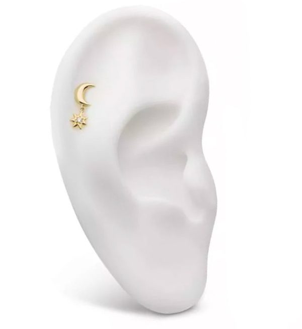 14kt Gold Half Moon Dangle CZ Star Threadless Top For Sale - Image 3