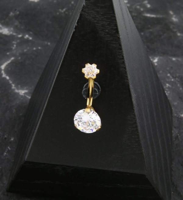 Gold PVD Double CZ Flower Top Titanium Threadless Belly Button Ring Sale - Image 2