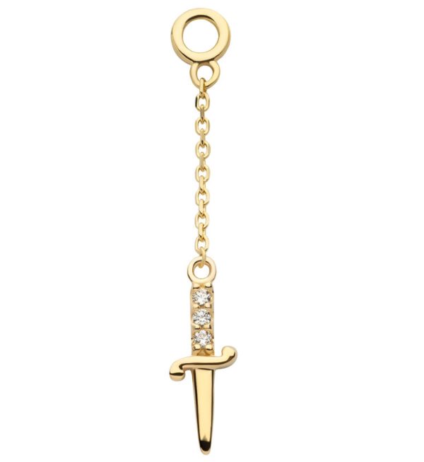 14kt Gold Dagger Clear CZ Dangle Chain Charm For Discount