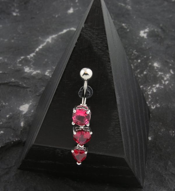 Double Pink Heart CZ Dangle Stainless Steel Belly Button Ring Online Sale - Image 2