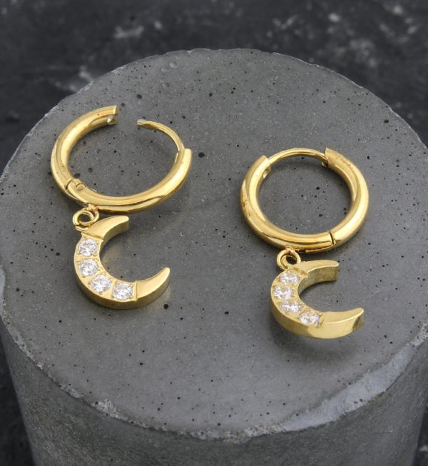 Gold PVD Crescent Moon CZ Dangle Stainless Steel Hinged Hoop Earrings Online Hot Sale - Image 2