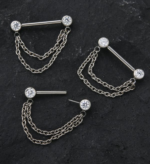 Dangle Chain Clear CZ Threadless Titanium Nipple Bars Supply - Image 2