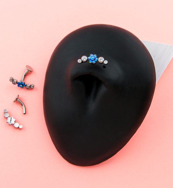 Centered Flower Arch Blue Opalite Titanium Threadless Floating Belly Button Ring For Sale - Image 2