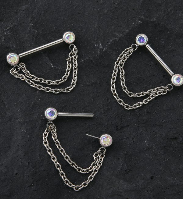 Dangle Chain Rainbow Aurora CZ Threadless Titanium Nipple Bars on Sale - Image 2