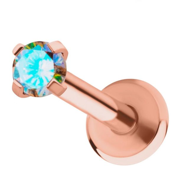 Rose Gold PVD Rainbow Aurora Prong CZ Stainless Steel Internally Threaded Labret Hot on Sale