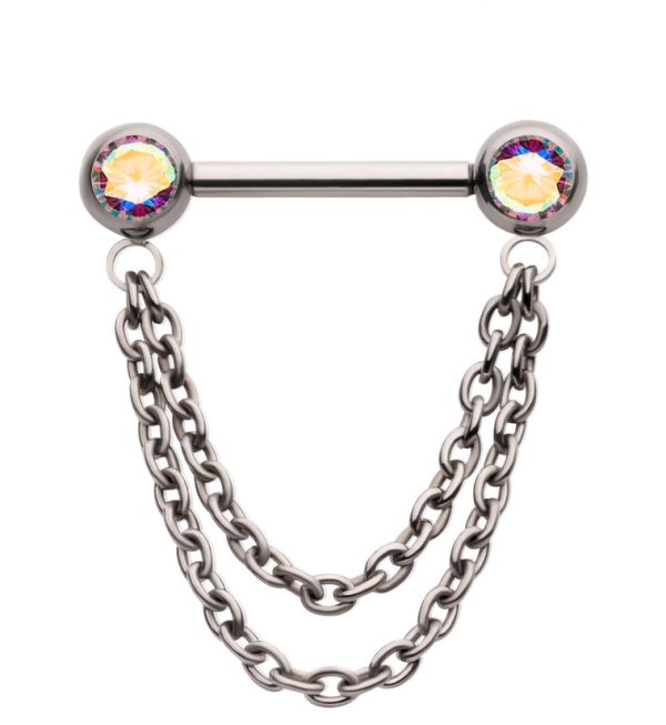 Dangle Chain Rainbow Aurora CZ Threadless Titanium Nipple Bars on Sale